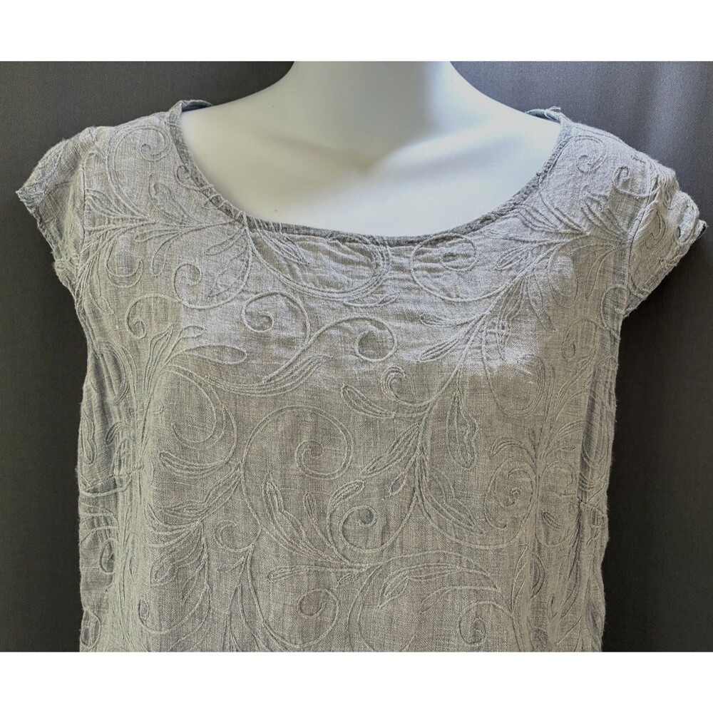 Lina Tomei Italy Linen Embroidered Shift Dress Medium Light Gray Pockets Coastal